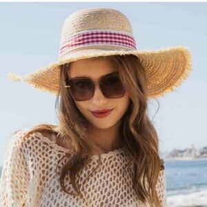 POL Frayed Edge Sun Hat With Red Gingham Band NEW!